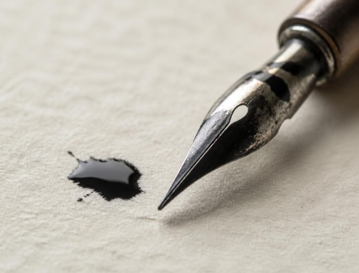 A pointed calligraphy nib resting on textured paper beside a small ink blot